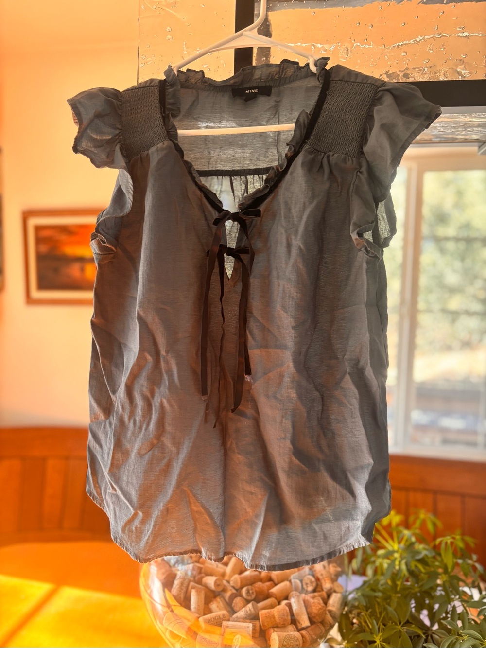 L Sheer grey flutter-sleeve blouse